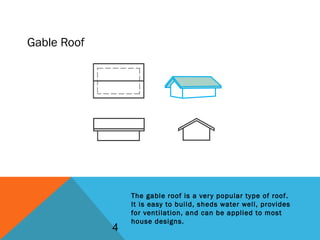 Gable Roof
The gable roof is a very popular type of roof.
It is easy to build, sheds water well, provides
for ventilation, and can be applied to most
house designs.
4
 