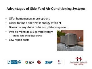 Advantages of Side-Yard Air Conditioning Systems
• Offer homeowners more options
• Easier to find a size that is energy efficient
• Doesn’t always have to be completely replaced
• Two elements to a side yard system
– inside fans and outside unit
• Low repair costs
 