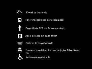 Salas com até 03 pontos para projeção, Tela e House
mix
Sistema de ar condicionado
Apoio de copa em cada andar
270m2 de área cada
Foyer indepentende para cada andar
Acesso para cadeirante
Capacidade: 320 pax formato auditório
 