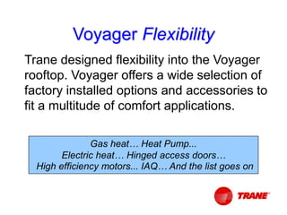 Trane designed flexibility into the Voyager
rooftop. Voyager offers a wide selection of
factory installed options and accessories to
fit a multitude of comfort applications.
Gas heat… Heat Pump...
Electric heat… Hinged access doors…
High efficiency motors... IAQ… And the list goes on
Voyager Flexibility
 