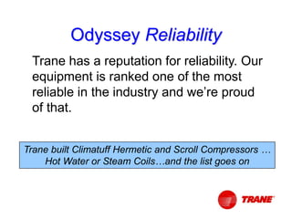 Trane has a reputation for reliability. Our
equipment is ranked one of the most
reliable in the industry and we’re proud
of that.
Trane built Climatuff Hermetic and Scroll Compressors …
Hot Water or Steam Coils…and the list goes on
Odyssey Reliability
 
