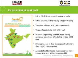 SOLAR BUSINESS SNAPSHOT
6
• Est. in 2010 -Seven years of success in India!
• MNRE channel partner having category A rating
• Experienced team with 200+ professionals
• Three offices in India –200 MW+ built
• In-house Engineering and PMC team having
combined experience of installing at least 1000
MW
• Strong presence in Roof-top segment with more
than 20 MW commissioned
• Access to land banks and investors across India
for captive use as well as for private PPA
 
