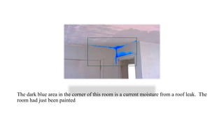 The dark blue area in the corner of this room is a current moisture from a roof leak. The
room had just been painted
 