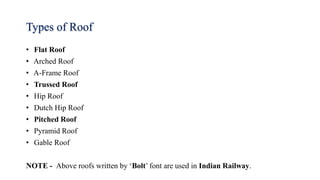 Types of Roof
• Flat Roof
• Arched Roof
• A-Frame Roof
• Trussed Roof
• Hip Roof
• Dutch Hip Roof
• Pitched Roof
• Pyramid Roof
• Gable Roof
NOTE - Above roofs written by ‘Bolt’ font are used in Indian Railway.
 