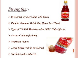  In Market for more than 100 Years.

 Popular Summer Drink that Quenches Thirst.

 Type of UNANI Medicine with ZERO Side Effects.

 Acts as Coolant for body.

 Nutrition Values.

 Trend Setter with in its Market

 Market Leader (Share).
 