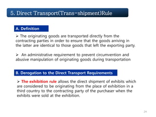 Challenge
A. Definition
B. Derogation to the Direct Transport Requirements
 The originating goods are transported directly from the
contracting parties in order to ensure that the goods arriving in
the latter are identical to those goods that left the exporting party.
 An administrative requirement to prevent circumvention and
abusive manipulation of originating goods during transportation
5. Direct Transport(Trans-shipment)Rule
 The exhibition rule allows the direct shipment of exhibits which
are considered to be originating from the place of exhibition in a
third country to the contracting party of the purchaser when the
exhibits were sold at the exhibition.
24
 