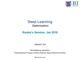 Deep Learning
Optimization
Rookie’s Seminar, Jan 2018
Jaehyun Jun
Biointelligence Laboratory
Interdisciplinary Program of Neuro Science, Seoul National Univertisy
http://bi.snu.ac.kr
 