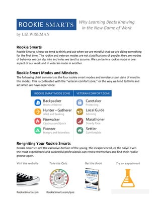 SMARTS 
Copyright 
© 
2014 
The 
Wiseman 
Group. 
All 
Rights 
Reserved. 
Rev 
09-­‐05-­‐14 
ROOKIE 
by LIZ WISEMAN 
Rookie 
Smarts 
Rookie 
Smarts 
is 
how 
we 
tend 
to 
think 
and 
act 
when 
we 
are 
mindful 
that 
we 
are 
doing 
something 
for 
the 
first 
time. 
The 
rookie 
and 
veteran 
modes 
are 
not 
classifications 
of 
people; 
they 
are 
modes 
of 
behavior 
we 
can 
slip 
into 
and 
roles 
we 
tend 
to 
assume. 
We 
can 
be 
in 
a 
rookie 
mode 
in 
one 
aspect 
of 
our 
work 
and 
in 
veteran 
mode 
in 
another. 
Rookie 
Smart 
Modes 
and 
Mindsets 
The 
following 
chart 
summarizes 
the 
four 
rookie 
smart 
modes 
and 
mindsets 
(our 
state 
of 
mind 
in 
this 
mode). 
This 
is 
contrasted 
with 
the 
“veteran 
comfort 
zone,” 
or 
the 
way 
we 
tend 
to 
think 
and 
act 
when 
we 
have 
experience. 
Re-­‐igniting 
Your 
Rookie 
Smarts 
Rookie 
smarts 
is 
not 
the 
exclusive 
domain 
of 
the 
young, 
the 
inexperienced, 
or 
the 
naïve. 
Even 
the 
most 
experienced 
and 
successful 
professionals 
can 
renew 
themselves 
and 
find 
their 
rookie 
groove 
again. 
Visit 
the 
website 
Take 
the 
Quiz 
Get 
the 
Book 
Try 
an 
experiment 
RookieSmarts.com 
RookieSmarts.com/quiz 
Why 
Learning 
Beats 
Knowing 
in 
the 
New 
Game 
of 
Work 
 