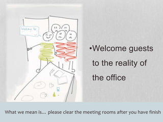 •Welcome guests 
to the reality of 
the office 
What we mean is… please clear the meeting rooms after you have finish 
 