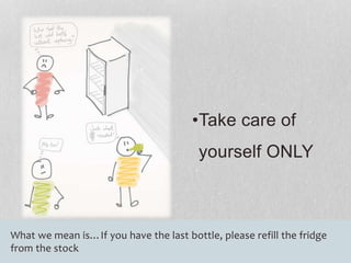 •Take care of 
yourself ONLY 
What we mean is…If you have the last bottle, please refill the fridge 
from the stock 
 