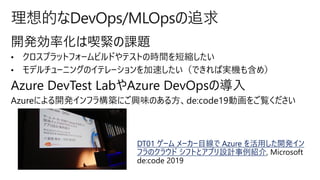 理想的なDevOps/MLOpsの追求
DT01 ゲーム メーカー目線で Azure を活用した開発イン
フラのクラウド シフトとアプリ設計事例紹介
 