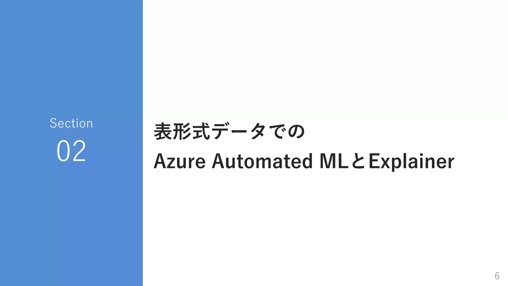 COPYRIGHT 2019 INFORMATION SERVICES INTERNATIONAL - DENTSU, LTD. ALL RIGHTS RESERVED.
表形式データでの
Azure Automated MLとExplainer
Section
02
6
 