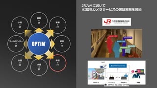 JR九州において
AI監視カメラサービスの実証実験を開始
農業
×
IT 医療
×
IT
建設
×
IT
鉄道
×
IT水産
×
IT
コールセンター
×
IT
小売
×
IT
介護
×
IT
 