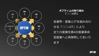 オプティムの取り組み
「○○×IT」
各業界・産業とITを組み合わ
せる「○○×IT」により
全ての産業を第4次産業革命
型産業へと再発明してまいり
ます
農業
×
IT 医療
×
IT
建設
×
IT
鉄道
×
IT水産
×
IT
コールセンター
×
IT
小売
×
IT
介護
×
IT
 