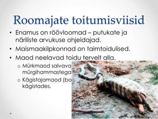 Roomajate toitumisviisid
• Enamus on röövloomad – putukate ja
  näriliste arvukuse ohjeldajad.
• Maismaakilpkonnad on taimtoidulised.
• Maod neelavad toidu tervelt alla.
  o Mürkmaod salvavad saaklooma ja viivad
    mürgihammastega tema kehasse mürki.
  o Kägistajamaod (boad, püütonid) tapavad saagi
    kägistades.
 