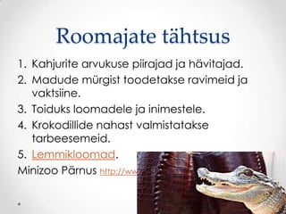 Roomajate tähtsus
1. Kahjurite arvukuse piirajad ja hävitajad.
2. Madude mürgist toodetakse ravimeid ja
   vaktsiine.
3. Toiduks loomadele ja inimestele.
4. Krokodillide nahast valmistatakse
   tarbeesemeid.
5. Lemmikloomad.
Minizoo Pärnus http://www.hot.ee/minizoo/esiest.html
 