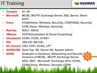 IT Training
• Comptia    A+, N+
• Microsoft  MCSE, MCITP, Exchange Server, SQL Server, Share
             point
• Cisco      CCNA(Voice, Wireless, Security), CCNP(R&S, Security)
             CCIE (Voice, Wireless, Security).
• Red Hat    RHCT, RHCE
• VMware     VCP(Virtualization & Cloud Computing)
• Checkpoint CCSA, CCSE, CCSE+
• ISS        (ISS-CS, ISS-CE)
• EC Council CEH, CHFI, ECSA, LPT
• NASSCOM Desk Top SE, Server SE, System Admin
• GHNS       Graduate in Hardware, Networking and Security
             inclusive of MCSE, MCITP, Exchange Server
             2003, 2007, Microsoft Exchange 2010, CCNA,
             CCNA Voice, Wireless, Security, CCNP.
 