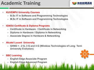Academic Training
•   KUVEMPU University Courses
     – B.Sc IT in Software and Programming Technologies
     – M.Sc IT in Software and Programming Technologies

•   IGNOU Certificate & Diploma Programs
     – Certificate in Hardware / Certificate in Networking
     – Diploma in Hardware / Diploma in Networking
     – Associate Degree in Hardware & Networking

•   Alcatel Lucent University
     – GHNS + - 2 G, 3 G and 4 G (Wireless Technologies of Long Term
       University Evolution)

•   BBC Learning
     – English Edge Associate Program
     – English Edge Advanced Program
 