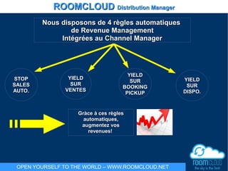 Nous disposons de 4 règles automatiquesNous disposons de 4 règles automatiques
de Revenue Managementde Revenue Management
Intégrées au Channel ManagerIntégrées au Channel Manager
YIELDYIELD
SURSUR
DISPO.DISPO.
STOPSTOP
SALESSALES
AUTO.AUTO.
YIELDYIELD
SURSUR
VENTESVENTES
YIELDYIELD
SURSUR
BOOKINGBOOKING
PICKUPPICKUP
Gràce à ces règlesGràce à ces règles
automatiques,automatiques,
augmentez vosaugmentez vos
revenues!revenues!
ROOMCLOUDROOMCLOUD Distribution ManagerDistribution Manager
OPEN YOURSELF TO THE WORLD – WWW.ROOMCLOUD.NET
 