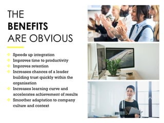 THE
BENEFITS
ARE OBVIOUS
 Speeds up integration
 Improves time to productivity
 Improves retention
 Increases chances ...