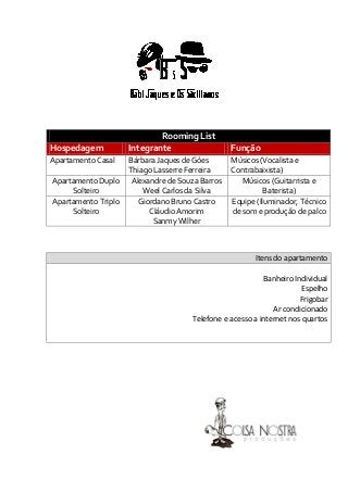 Rooming List
Hospedagem           Integrante                   Função
Apartamento Casal    Bárbara Jaques de Góes       Músicos (Vocalista e
                     Thiago Lasserre Ferreira     Contrabaixista)
Apartamento Duplo     Alexandre de Souza Barros      Músicos (Guitarrista e
     Solteiro            Weel Carlos da Silva               Baterista)
Apartamento Triplo      Giordano Bruno Castro     Equipe (Iluminador, Técnico
     Solteiro              Cláudio Amorim         de som e produção de palco
                            Sanmy Wilher



                                                        Itens do apartamento

                                                           Banheiro Individual
                                                                       Espelho
                                                                      Frigobar
                                                              Ar condicionado
                                      Telefone e acesso a internet nos quartos
 