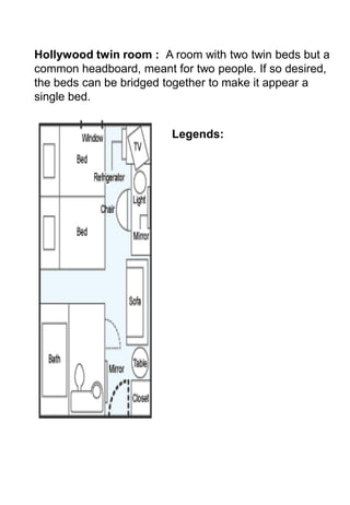 Hollywood twin room : A room with two twin beds but a
common headboard, meant for two people. If so desired,
the beds can be bridged together to make it appear a
single bed.


                         Legends:
 