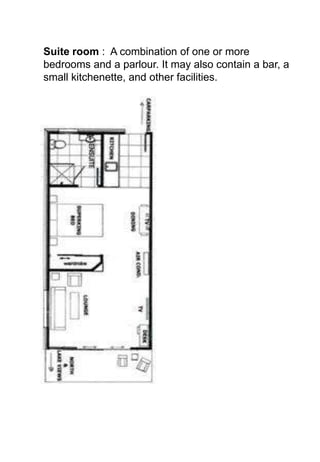 Suite room : A combination of one or more
bedrooms and a parlour. It may also contain a bar, a
small kitchenette, and other facilities.
 