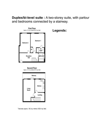 Duplex/bi-level suite : A two-storey suite, with parlour
and bedrooms connected by a stairway.

                             Legends:
 