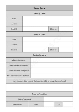 Room Lease Fillable PDF Template Download