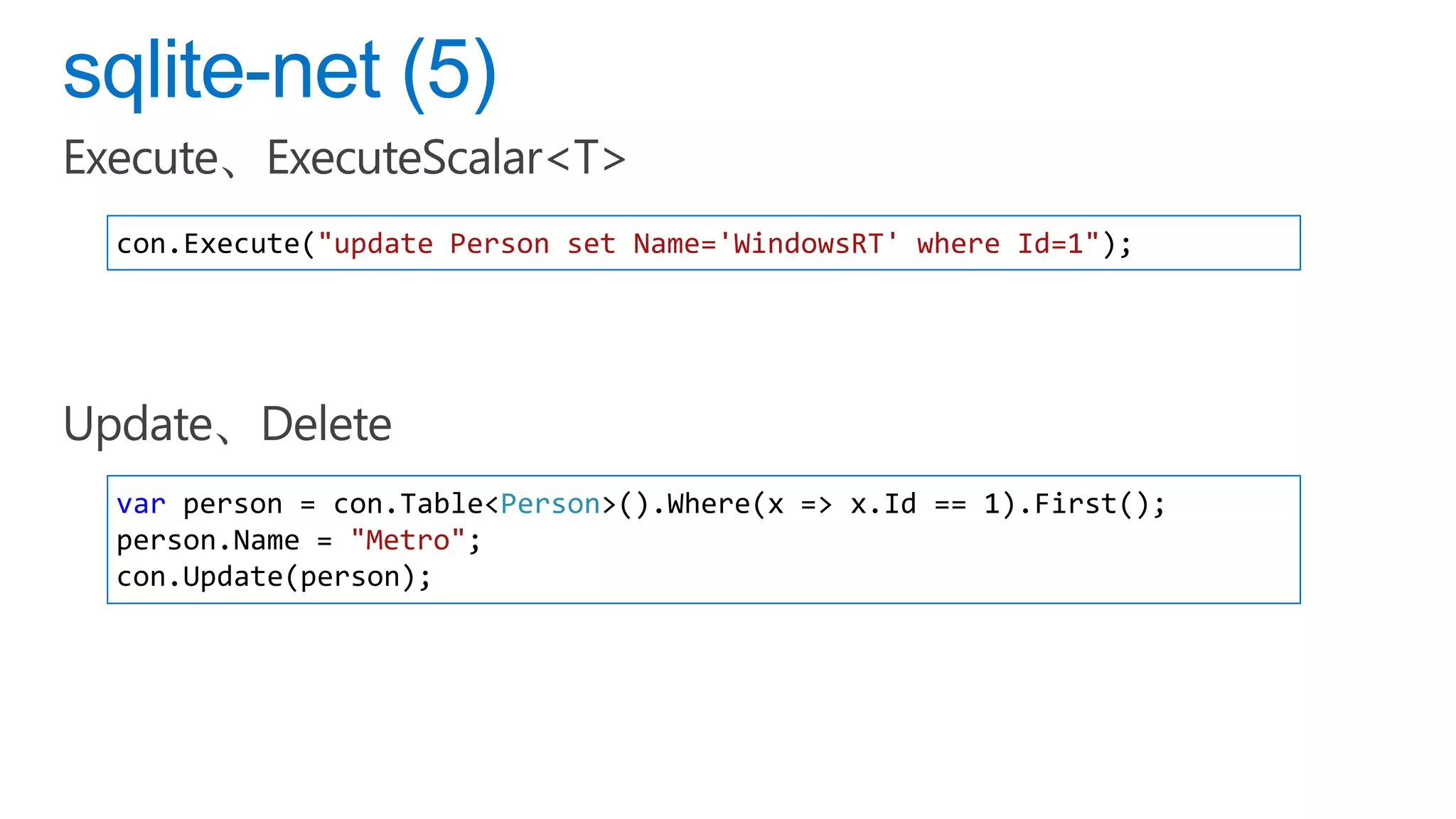con.Execute("update Person set Name='WindowsRT' where Id=1");




var person = con.Table<Person>().Where(x => x.Id == 1).First();
person.Name = "Metro";
con.Update(person);
 