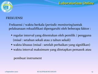 FREKUENSI Frekuensi / waktu berkala ( periodic monitoring )untuk pelaksanaan rekualifikasi dipengaruhi oleh beberapa faktor :    regular interval yang ditentukan oleh pemilik / pengguna  (misal : setahun sekali atau 2 tahun sekali)    waktu khusus (misal : setelah perbaikan yang signifikan)    waktu interval maksimum yang ditetapkan pemasok atau  pembuat instrument 2 September 2010 2 September 2010 KUALIFIKASI RUANGAN Laboratorium Online 