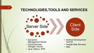 TECHNOLIGIES,TOOLS AND SERVICES
Server Side
• Sql server
Management Studio
• Cloud Services
(Google / Azure)
• Java, Python, PHP
Client
Side
• Android Development
Tool Kit
• Google Map Services
• XML
7
 