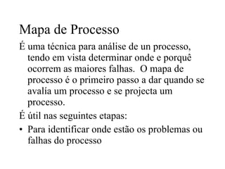 Mapa de Processo É uma técnica para análise de un processo, tendo em vista determinar onde e porquê ocorrem as maiores falhas.  O mapa de processo é o primeiro passo a dar quando se avalía um processo e se projecta um processo. É útil nas seguintes etapas: Para identificar onde estão os problemas ou falhas do processo 