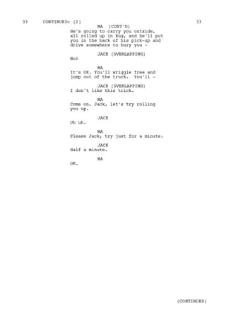 He's going to carry you outside,
all rolled up in Rug, and he'll put
you in the back of his pick-up and
drive somewhere to bury you -
JACK (OVERLAPPING)
No!
MA
It's OK. You'll wriggle free and
jump out of the truck. You'll -
JACK (OVERLAPPING)
I don't like this trick.
MA
Come on, Jack, let's try rolling
you up.
JACK
Uh uh.
MA
Please Jack, try just for a minute.
JACK
Half a minute.
MA
OK.
CONTINUED: (2)33 33
MA (CONT'D)
(CONTINUED)
 