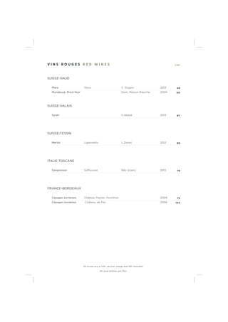 V I N S R O U G E S R E D W I N E S CHF
SUISSE-VAUD
Mara Opus C. Dugon 2013 49
Mondeuse, Pinot Noir Dom. Maison Blanche 2009 60
SUISSE-VALAIS
Syrah C.Abbet 2013 87
SUISSE-TESSIN
Merlot Ligornetto L.Zanini 2012 88
ITALIE-TOSCANE
Sangiovese Soffocone Bibi Graetz 2012 78
FRANCE-BORDEAUX
Cépages bordelais Château Peyrat- Fourthon 2009 75
Cépages bordelais Château de Pez 2008 145
All prices are in CHF, service charge and VAT included.
All wine bottles are 75cl.
 