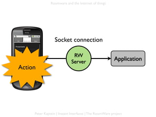 Roomware and the Internet of things




                     Socket connection

                                 RW
Mobile ph.                      Server                     Application
 Action




        Peter Kaptein | Instant Interfaces | The RoomWare project
 