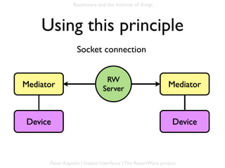 Roomware and the Internet of things



    Using this principle
                  Socket connection


                               RW
Mediator                      Server                       Mediator



Device                                                       Device



      Peter Kaptein | Instant Interfaces | The RoomWare project
 