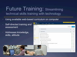•  Using available web-based curriculum on computer
•  Self-directed training and
assessment
•  Addresses knowledge,
skills, attitude
Future Training: Streamlining
technical skills training with technology
 