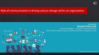 Role of communication in driving culture change within an organization
Presented by:
Roopal Chaturvedi
Assistant Manager – Corporate Communications
Robert Bosch Engineering and Business Solutions, Bengaluru, India
Image source: https://yourstory.com
 