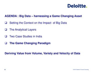 AGENDA : Big Data – harnessing a Game Changing Asset

     Setting the Context on the Impact of Big Data

     The Analytical Layers

     Two Case Studies in India

     The Game Changing Paradigm


Deriving Value from Volume, Variety and Velocity of Data




15                                                   © 2012 Deloitte & Touche Consulting
 