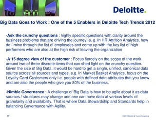 Big Data Goes to Work : One of the 5 Enablers in Deloitte Tech Trends 2012


  -Ask the crunchy questions : highly specific questions with clarity around the
  business problems that are driving the journey. e. g. In HR Attrition Analytics, how
  do I mine through the list of employees and come up with the key list of high
  performers who are also at the high risk of leaving the organization

  -A 15 degree view of the customer : Focus fiercely on the scope of the work
  around two of three discrete items that can shed light on the crunchy question.
  Given the size of Big Data, it would be hard to get a single, unified, canonical data
  source across all sources and types. e.g. In Market Basket Analytics, focus on the
  Loyalty Card Customers only i.e. people with defined data attributes that you know
  and are also the people who give you 80% of the business.

  -Nimble Governance : A challenge of Big Data is how to be agile about it as data
  sources / structures may change and one can have data at various levels of
  granularity and availability. That is where Data Stewardship and Standards help in
  balancing Governance with Agility.

   17                                                                  © 2012 Deloitte & Touche Consulting
 