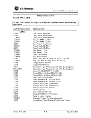 Millenium™ RO System by GE Osmonics


                             Millenium RO System
SPARE PARTS LIST

NOTE: Part Numbers are subject to change and should be verified when ordering
spare parts.

CATALOG NUMBER          DESCRIPTION
        PARTS
42047                   Check Valve, Feed Line
42047                   Check Valve, Product Line
1228224                 Check Valve, Product Return
1236062                 Fuse, 1/4 AMP, Slo Blow
1234687                 Fuse, 1/8 AMP, Slo Blow
30010                   Fuse Holder, Panel mount
1234685                 Fuse, 8 AMP, Slo Blow
20290                   Fuse, 5 AMP, Slo Blow
1234348                 Fuse drawer, 1 Pole
1234347                 Fuse drawer, 2 Pole
1234349                 Power cord retainer
1234350                 Inlet power module
30382                   Power Cord (50Hz RO only, use w/ P/n 1236173)
1236173                 Plug End (50Hz RO only, use w/ P/n 30382)
42048                   Gauge, Product Pressure
42074                   Gauge, Pump Pressure
40179                   Membrane, Tape Wrapped, for 500 GPD RO (2 required)
OS1228070               Membrane, Tape Wrapped, for 750 GPD RO (2 required)
30014                   Motor, 1/3 HP, 110/230 V, 50/60 Hz
35328                   Fan and Motor, Cooling, 220VAC, 50Hz
35329                   Fan and Motor, Cooling, 110VAC, 60Hz
35330                   Power cord for Cooling Fan
12315                   Power Supply PCB, 110/120 V, 60 Hz
12315-1                 Power Supply PCB, 220/240 V, 50 Hz
12310                   Printed Circuit Board, % Rejection
12311                   Printed Circuit Board, Conductivity
12312                   Printed Circuit Board, Display
20204                   Disinfect Switch
20205                   Lens for Disinfect Switch
40165                   Pump, 100 GPH, SS, W/Regulator
50041                   Pump-to-Motor Coupling
1234489                 Regulator, Product Pressure Adjustment
12131                   Sensor Probe, Total Dissolved Solids, Feed, Product




14693e - 31 Mar 03                   7-3                            Spare Parts List
 
