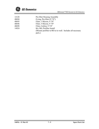 Millenium™ RO System by GE Osmonics


12128                Pre-filter Housing Assembly
40694                O-ring, Pre-filter (9 7/8”)
40695                Filter, 1 Micron, 9 7/8"
40696                Filter, 5 Micron, 9 7/8"
40698                Filter, Carbon, 9 7/8"
14924                Kit, Mil, Prefilter Install
                     (Mounts prefilter to RO or to wall. Includes all necessary
                     parts.)




14693e - 31 Mar 03                  7-5                              Spare Parts List
 