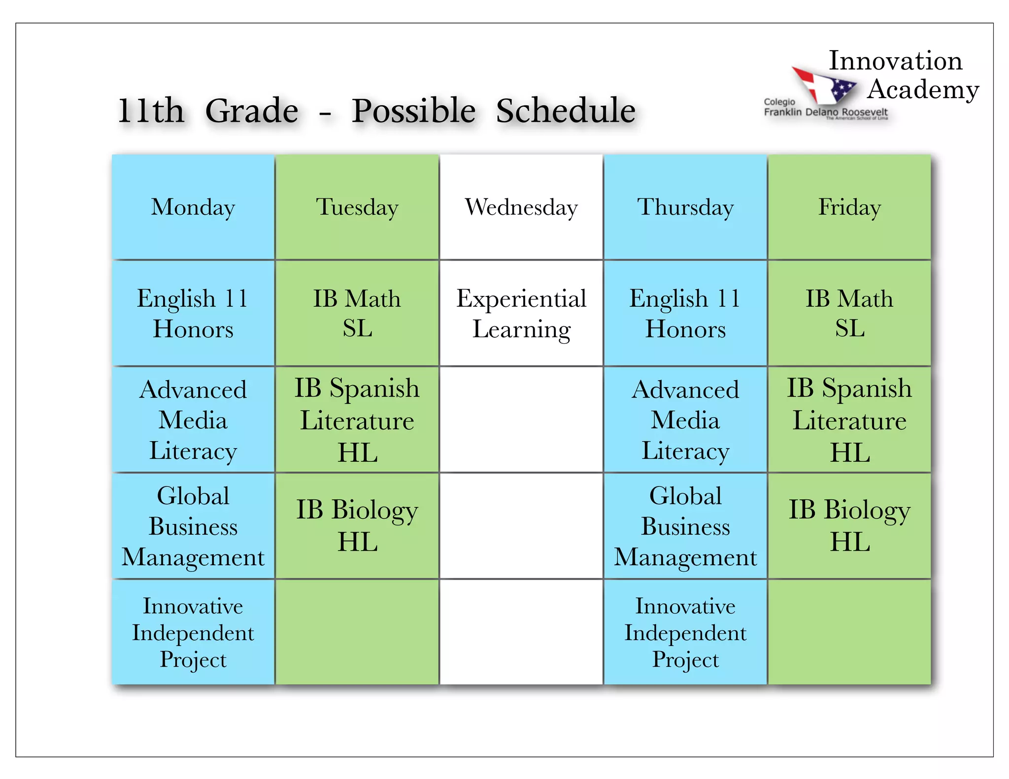 Innovation
                                                                Academy
11th	 Grade	 -	 Possible	 Schedule	 

  Monday        Tuesday      Wednesday       Thursday       Friday


 English 11     IB Math      Experiential    English 11    IB Math
  Honors           SL         Learning        Honors          SL

 Advanced      IB Spanish                    Advanced     IB Spanish
   Media        Literature                     Media       Literature
  Literacy         HL                         Literacy        HL
  Global                                      Global
               IB Biology                                 IB Biology
 Business                                    Business
Management
                  HL                        Management
                                                             HL

  Innovative                                 Innovative
 Independent                                Independent
    Project                                    Project
 