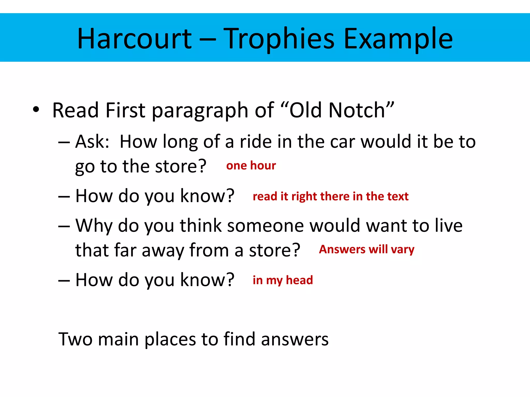 Harcourt – Trophies Example 
• Read First paragraph of “Old Notch” 
– Ask: How long of a ride in the car would it be to 
go to the store? 
one hour 
– How do you know? 
read it right there in the text 
– Why do you think someone would want to live 
that far away from a store? 
Answers will vary 
– How do you know? 
in my head 
Two main places to find answers 
 