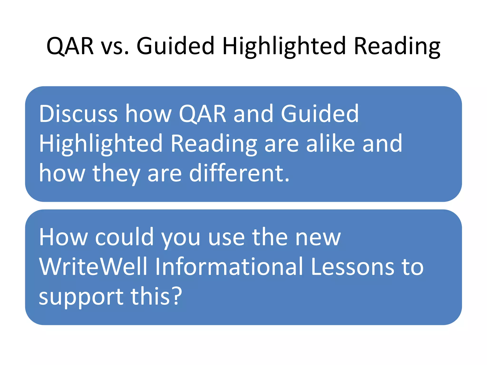 QAR vs. Guided Highlighted Reading 
Discuss how QAR and Guided 
Highlighted Reading are alike and 
how they are different. 
How could you use the new 
WriteWell Informational Lessons to 
support this? 
 