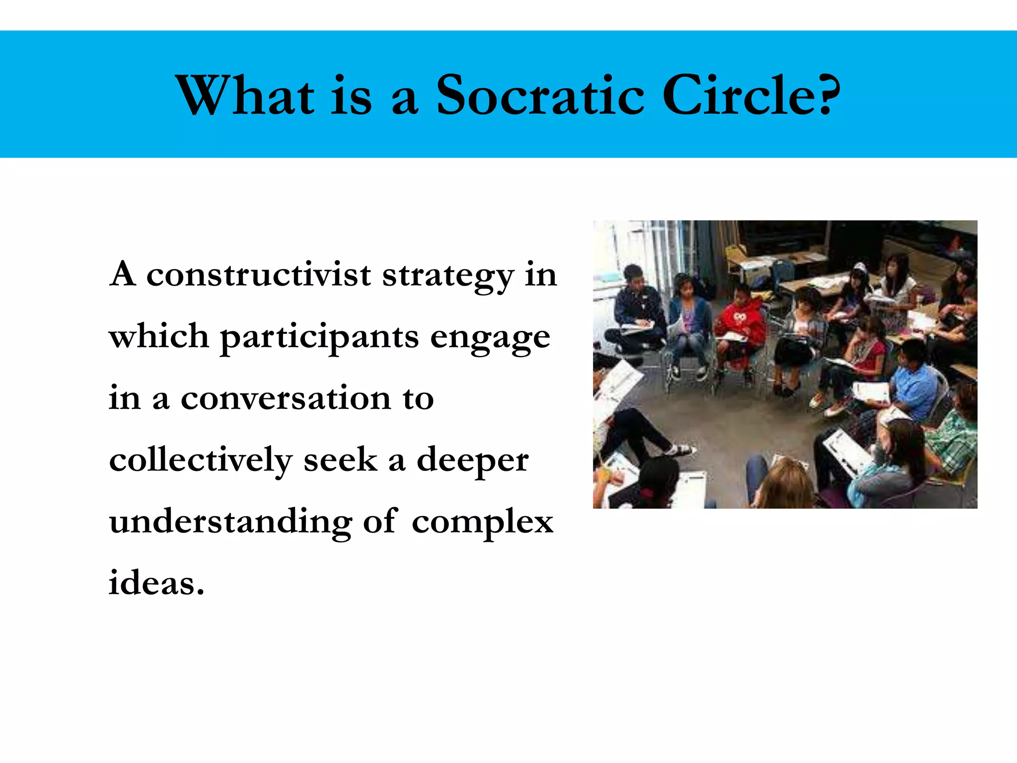 What is a Socratic Circle? 
A constructivist strategy in 
which participants engage 
in a conversation to 
collectively seek a deeper 
understanding of complex 
ideas. 
 
