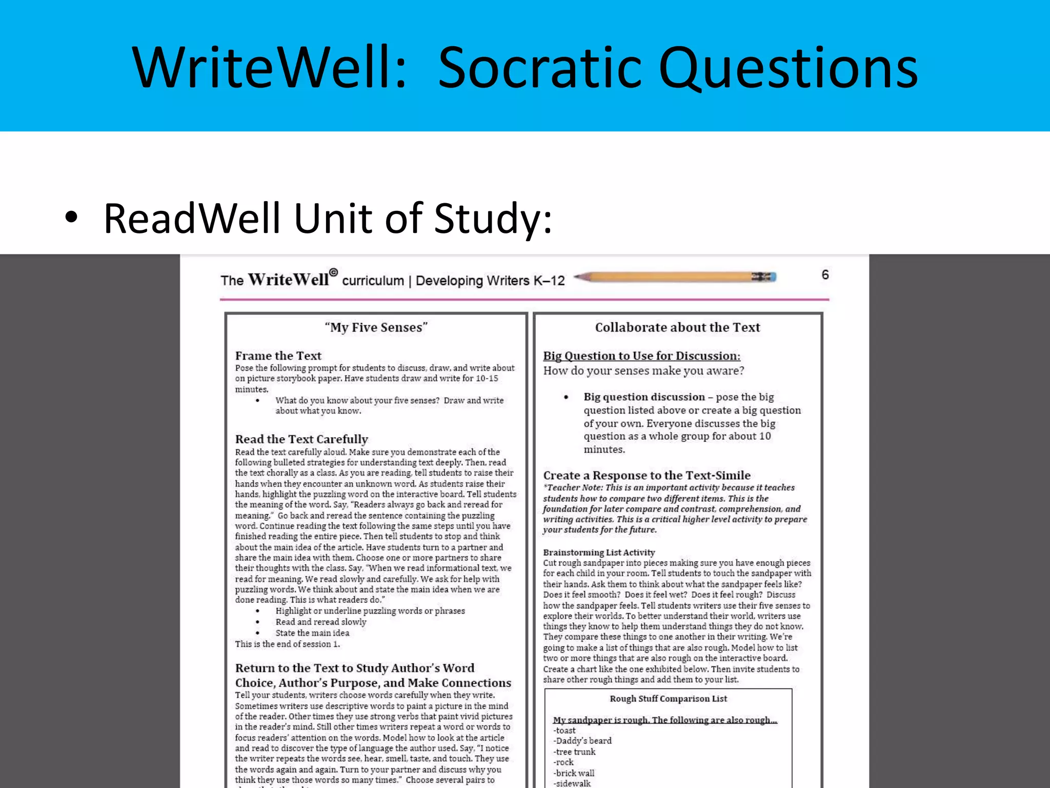 WriteWell: Socratic Questions 
• ReadWell Unit of Study: 
 