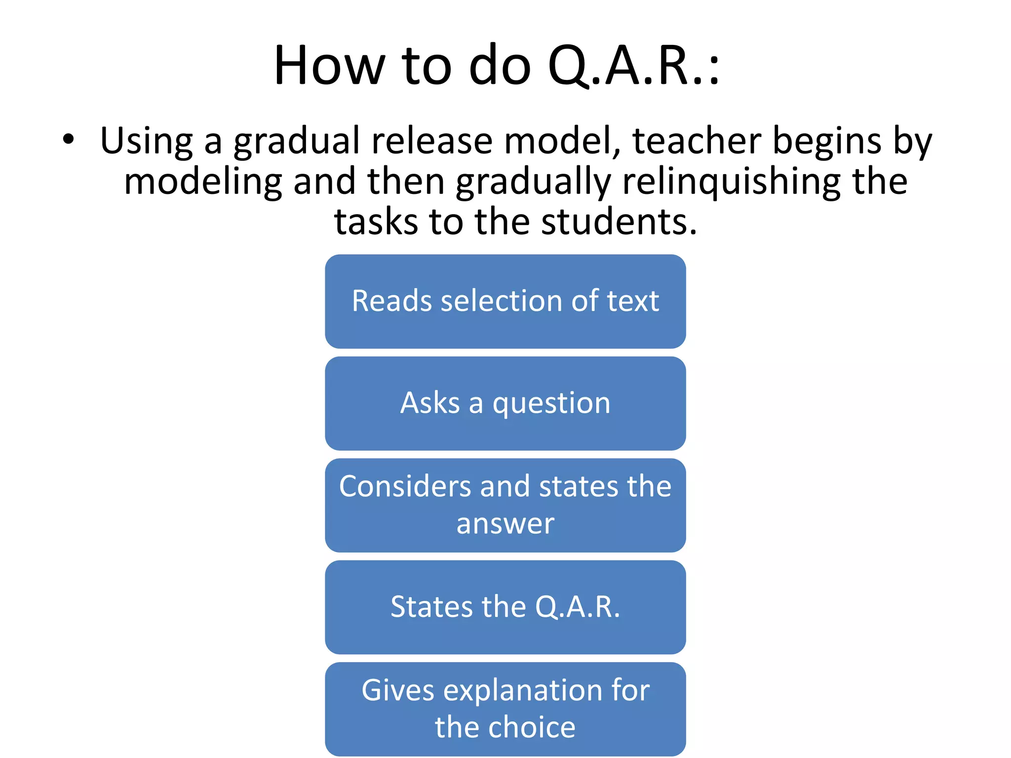 How to do Q.A.R.: 
• Using a gradual release model, teacher begins by 
modeling and then gradually relinquishing the 
tasks to the students. 
Reads selection of text 
Asks a question 
Considers and states the 
answer 
States the Q.A.R. 
Gives explanation for 
the choice 
 
