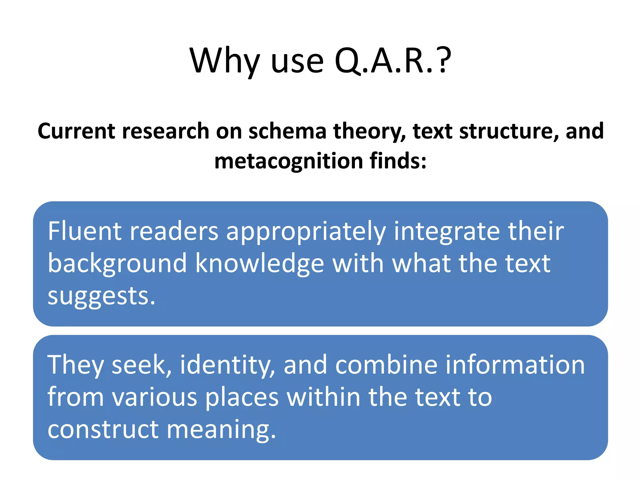 Why use Q.A.R.? 
Current research on schema theory, text structure, and 
metacognition finds: 
Fluent readers appropriately integrate their 
background knowledge with what the text 
suggests. 
They seek, identity, and combine information 
from various places within the text to 
construct meaning. 
 